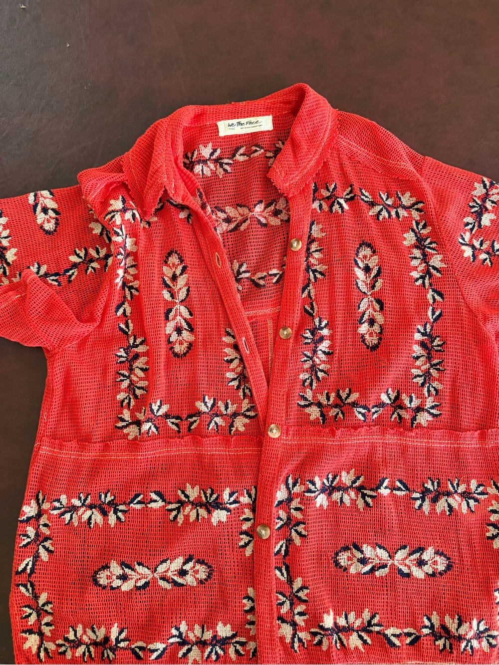 Free people Embroidered Red Open-Weave Button-Up Shirt used twice in very good